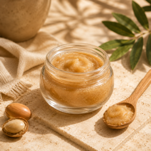 Gommage naturel à l’argan dans un pot en verre
